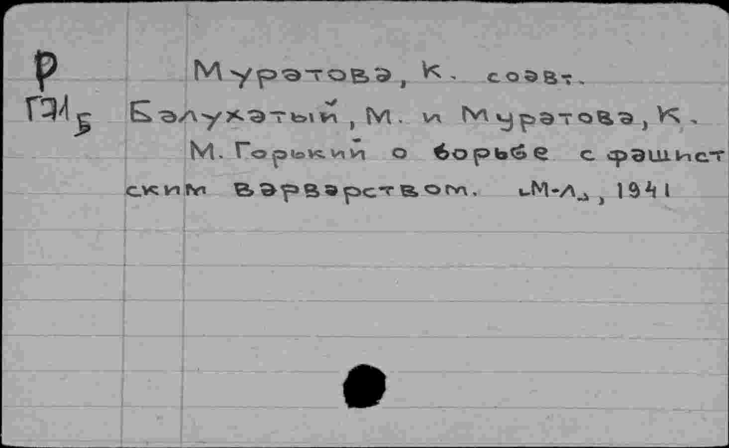 ﻿P га 5
Мурэ~ОВЭ) соэв-;.
БдлуАэтыи , М. w урэтоВз j К .
М. Горький о борьбе с. фашист ским ВЭрВ»рс"&о^.	j 1 S2! I